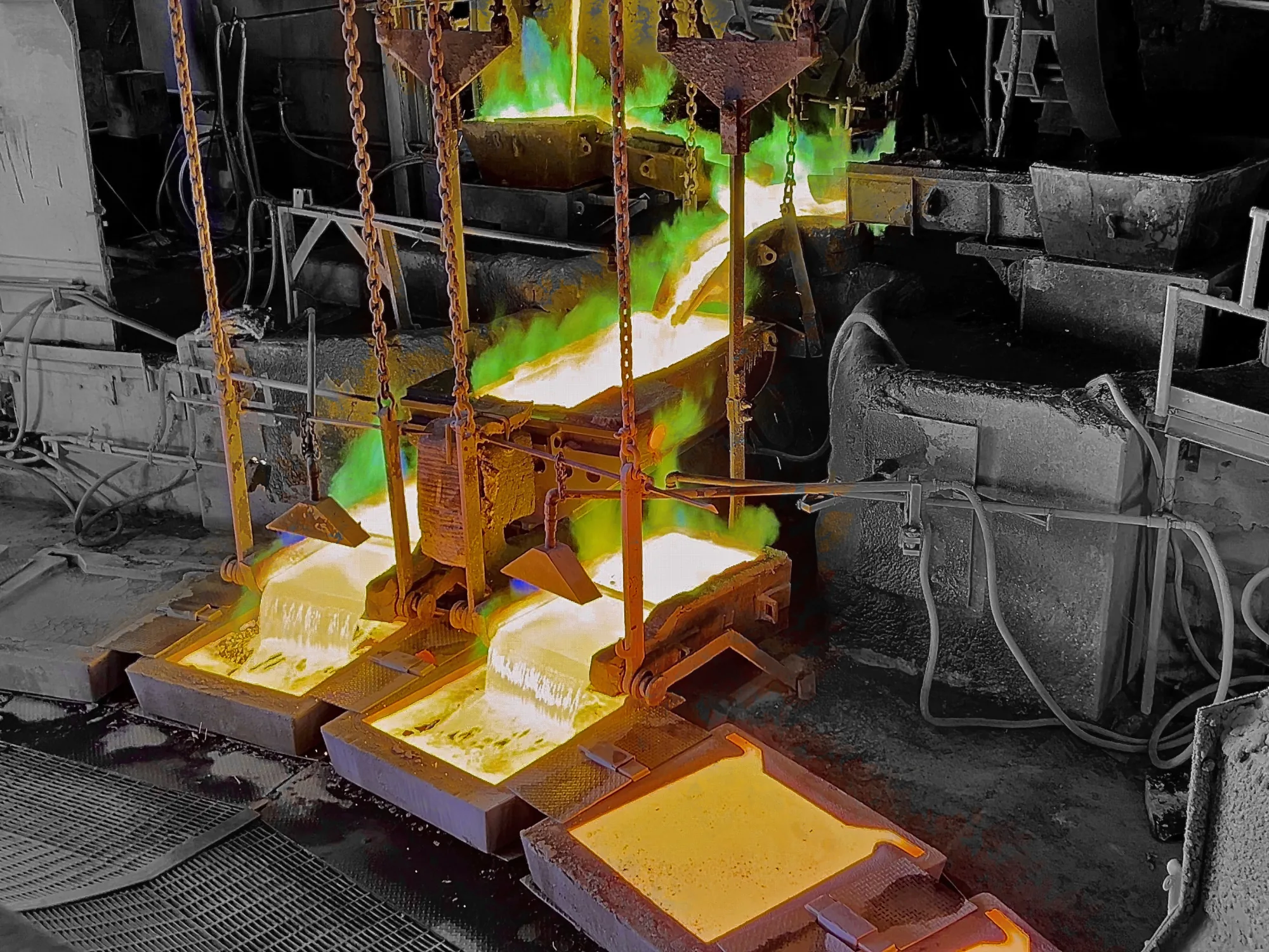 Molten copper is poured into molds inside a processing plant. Photo: U.S. Geological Survey, public domain.